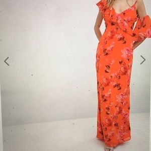 Hope & Ivy Asymmetric Ruffle Shoulder Maxi Dress